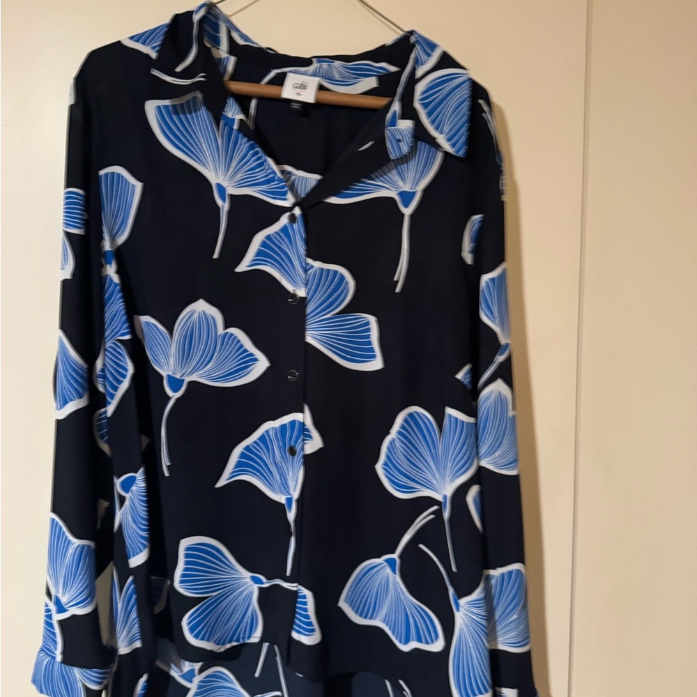 CAbi Black and Blue Floral Button Down Shirt